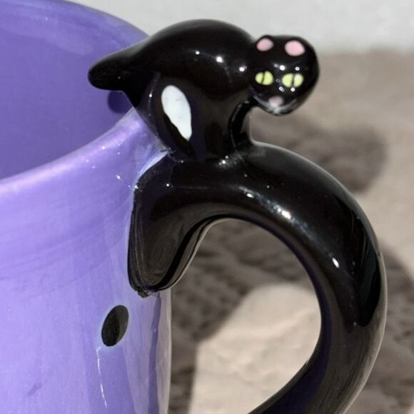Purple Polka Dot Coffee Mug With Black Cat Handle - Picture 3 of 6